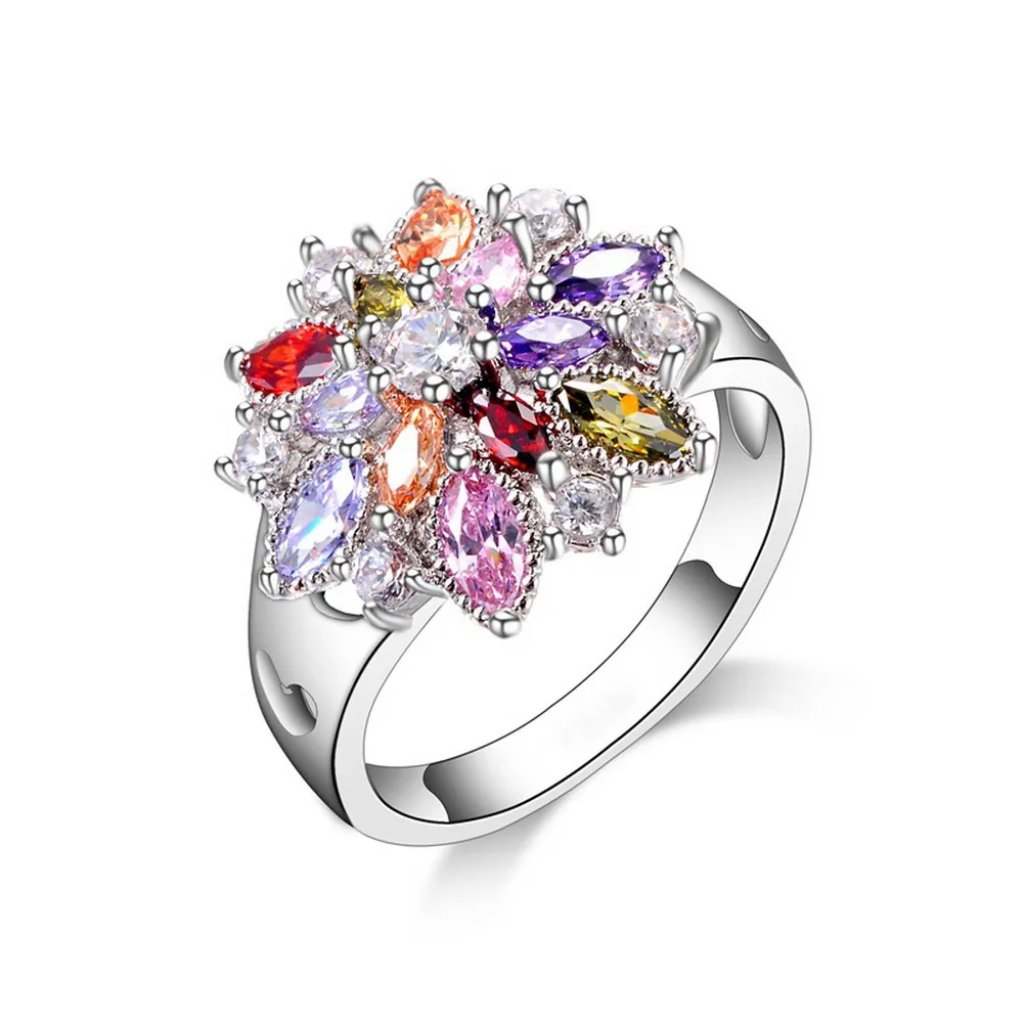 Solid Silver Multi Gem Flower Ring